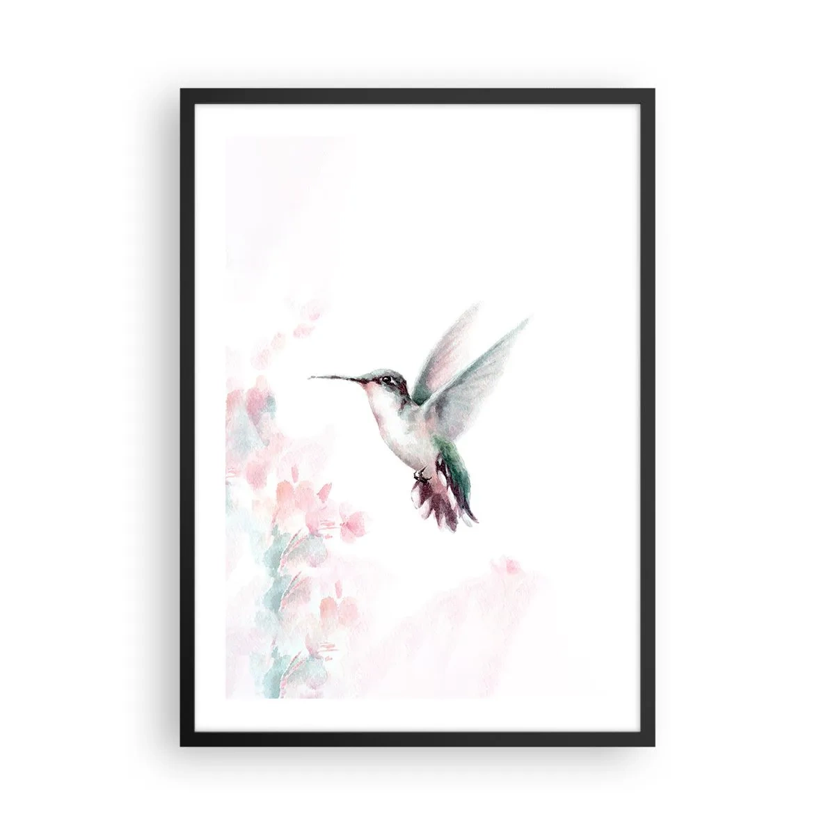 Plakat i sort ramme - Kolibri i flugt med en delikat blomsterbaggrund - 50x70cm - Stoppet i flagren - Moderne vægdekoration til stue og soveværelse ARTTOR