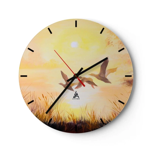 Vægur, Uret - Flyvende ænder mod baggrunden af den nedgående sol og græs - 30x30cm - Starten på en lang rejse - Moderne vægdekoration til stue, køkken og soveværelse ARTTOR