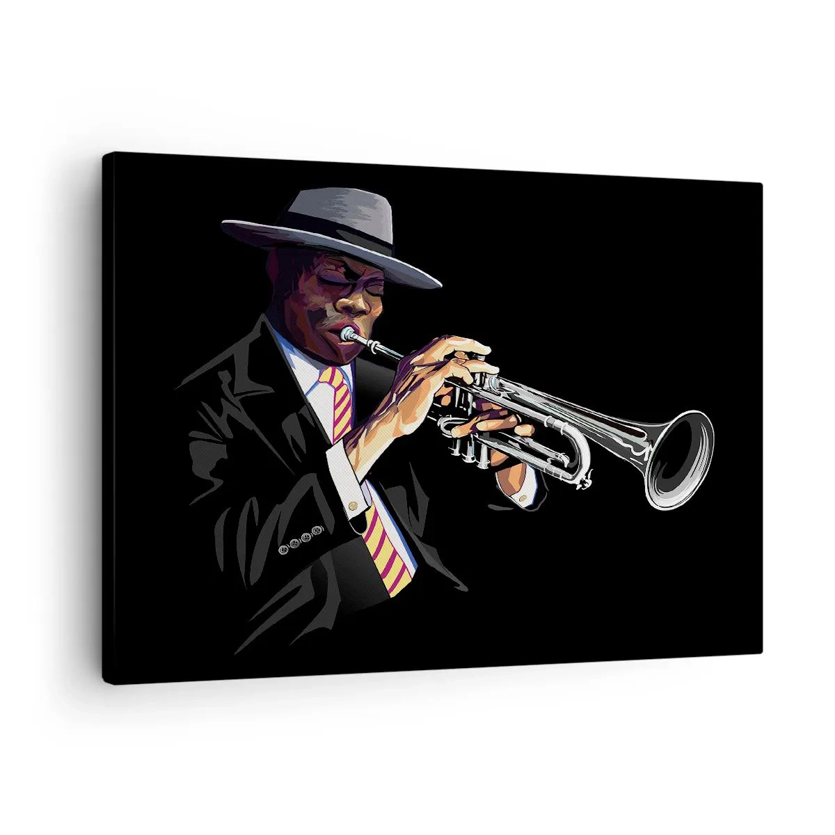 Lærredstryk - Billede på lærred - En musiker, der spiller trompet mod en sort baggrund - 70x50cm - Gammeldags charme - Moderne vægdekoration til stue og soveværelse ARTTOR
