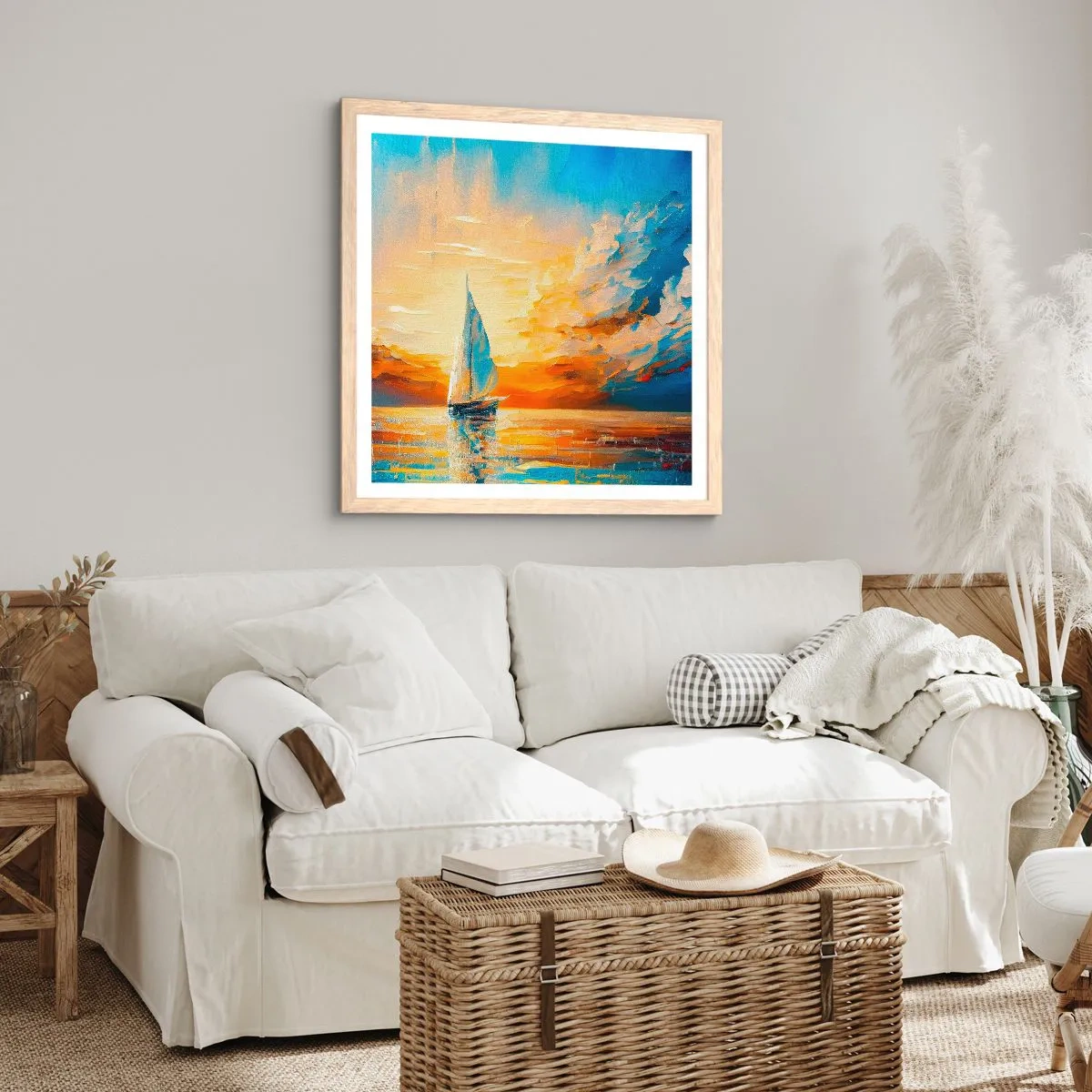 Plakat i ramme af lyst egetræ - Sejler i guld - 60x60 cm