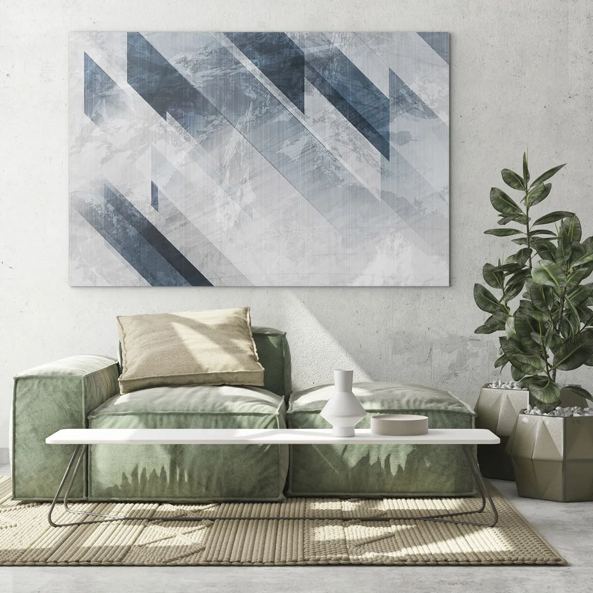 Billede på glas - Geometriske striber i nuancer af grå og marineblå - 70x50cm - Rumlig komposition - bevægelse af gråtoner - Moderne vægdekoration til stue og soveværelse ARTTOR