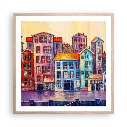Plakat i ramme af lyst egetræ - En by som et eventyr - 60x60 cm