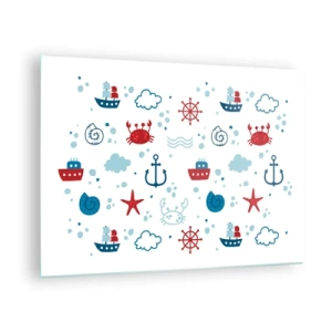 Billede på glas - Nautiske mønstre med krabber, ankre og skibe - 70x50cm - En fortælling om havet - Moderne vægdekoration til stue og soveværelse ARTTOR