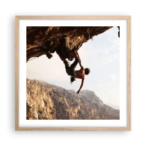Plakat i ramme af lyst egetræ - Verden skrumpede ind i en håndfuld på en klippeskrænt - 50x50 cm