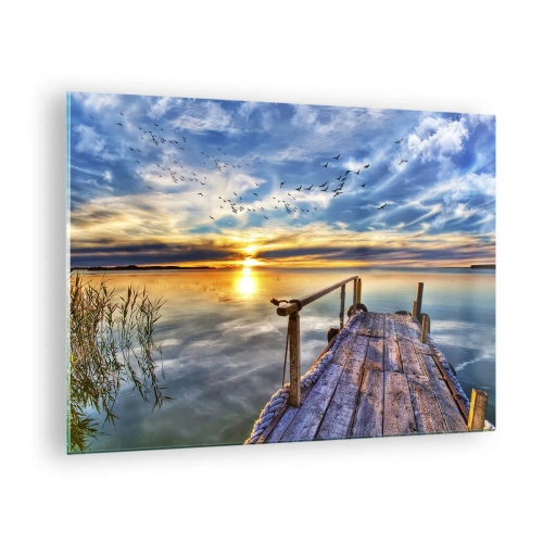 Billede på glas - Søbro ved solnedgang med fugle på himlen - 70x50cm - Vinden går til ro - Moderne vægdekoration til stue og soveværelse ARTTOR