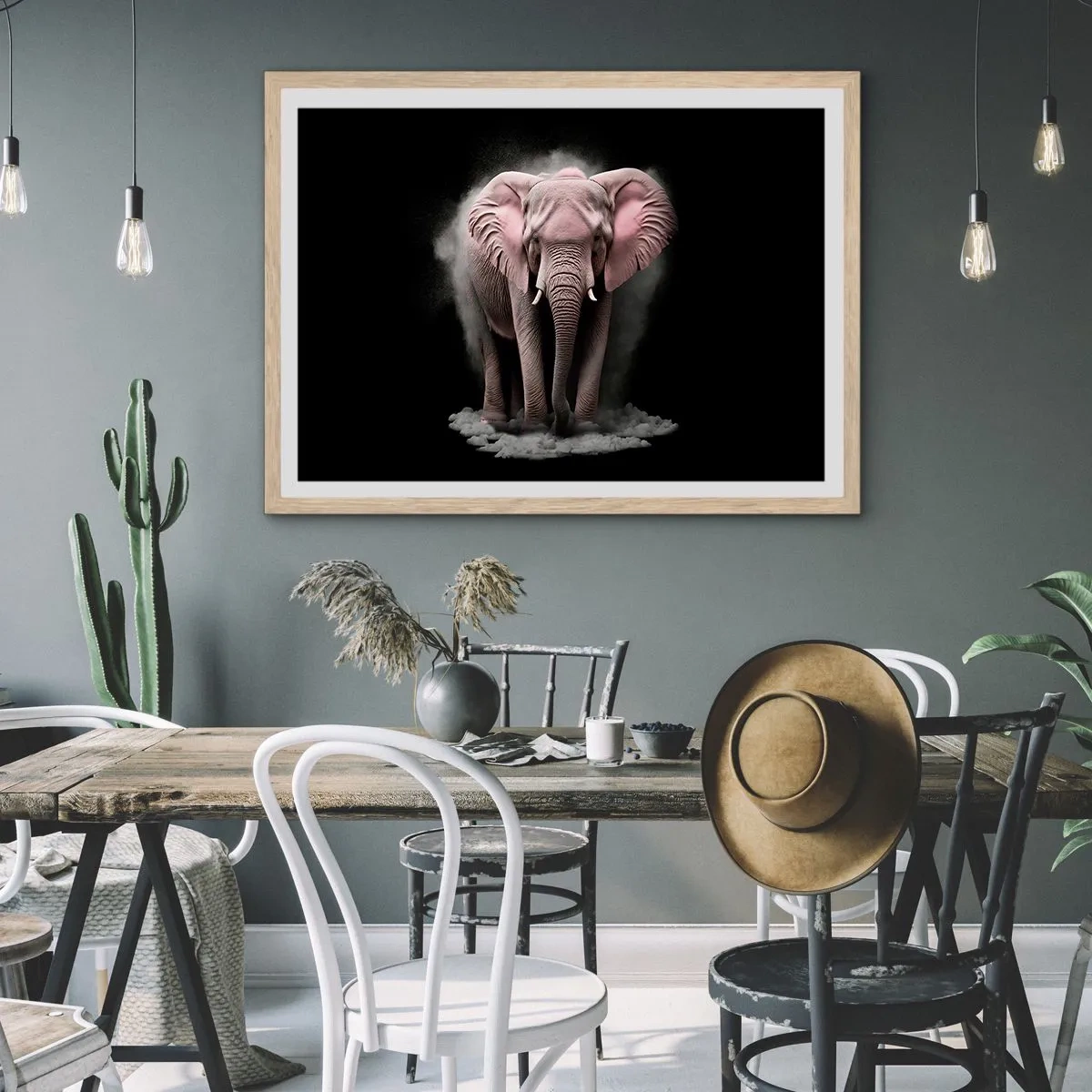 Plakat i ramme af lyst egetræ - Tænk ikke på en lyserød elefant! - 70x50 cm