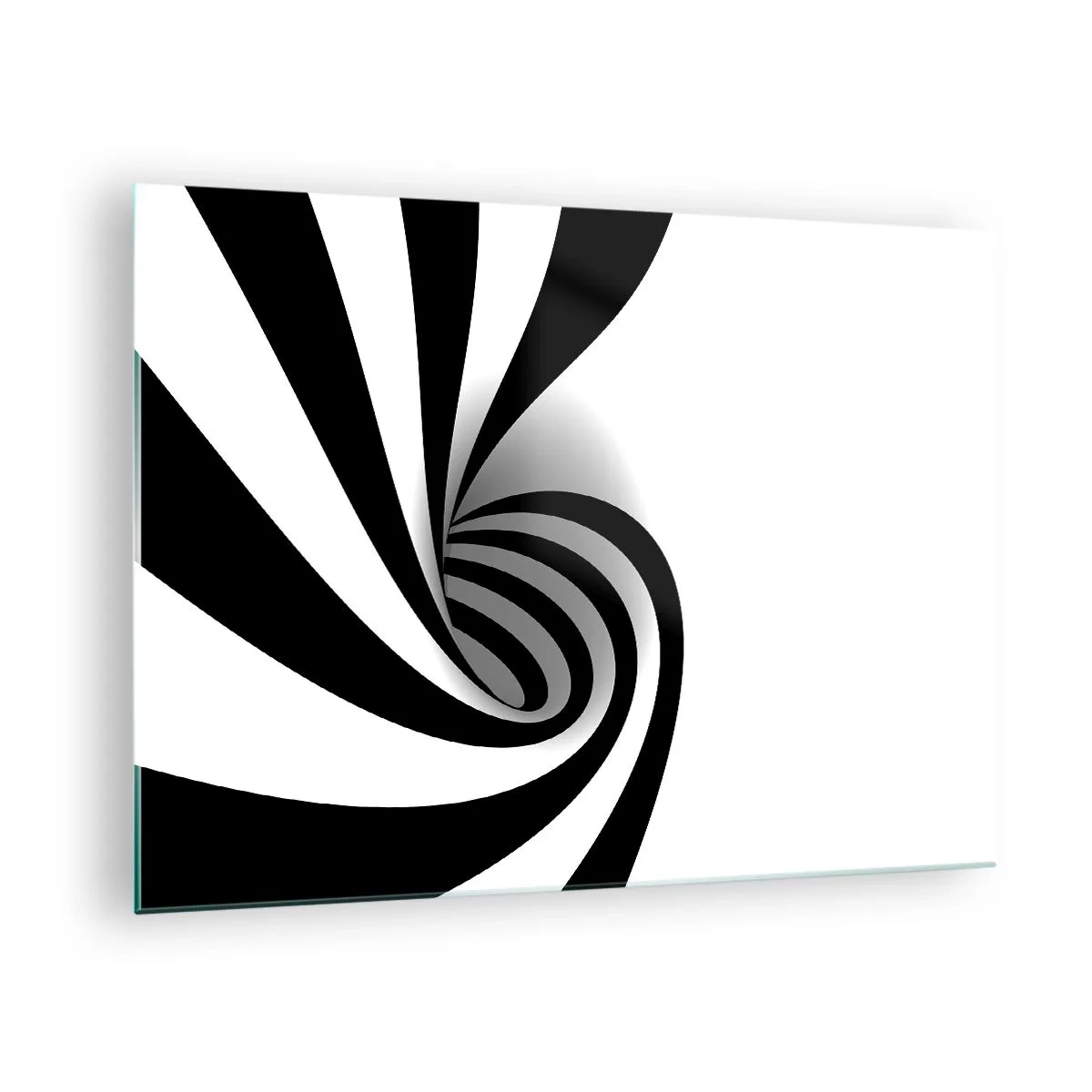 Billede på glas - Abstrakt spiral i sort-hvid med en dynamisk form - 70x50cm - Og alligevel snurrer den - Moderne vægdekoration til stue og soveværelse ARTTOR