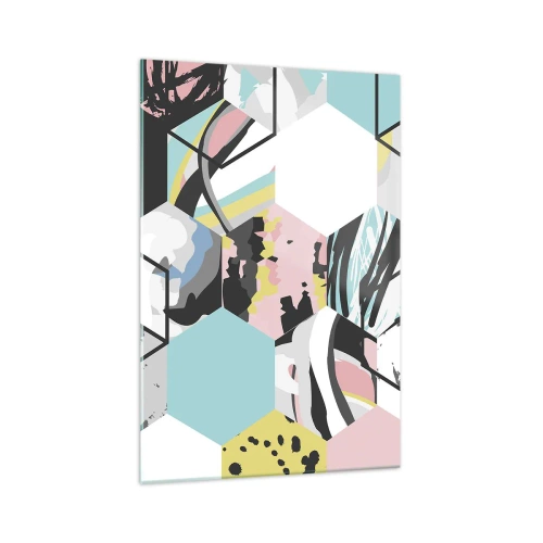 Billede på glas - Sekskanter og terninger i seks farver - 70x100 cm