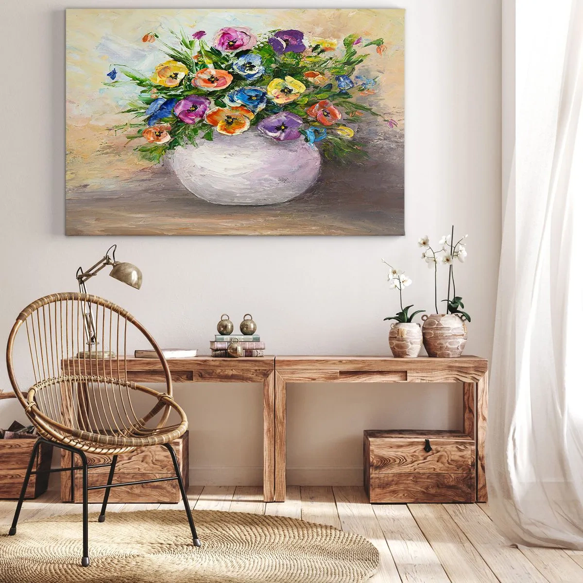 Lærredstryk - Billede på lærred - En farverig buket blomster i en hvid vase - 70x50cm - Stilleben med hvid vase - Moderne vægdekoration til stue og soveværelse ARTTOR