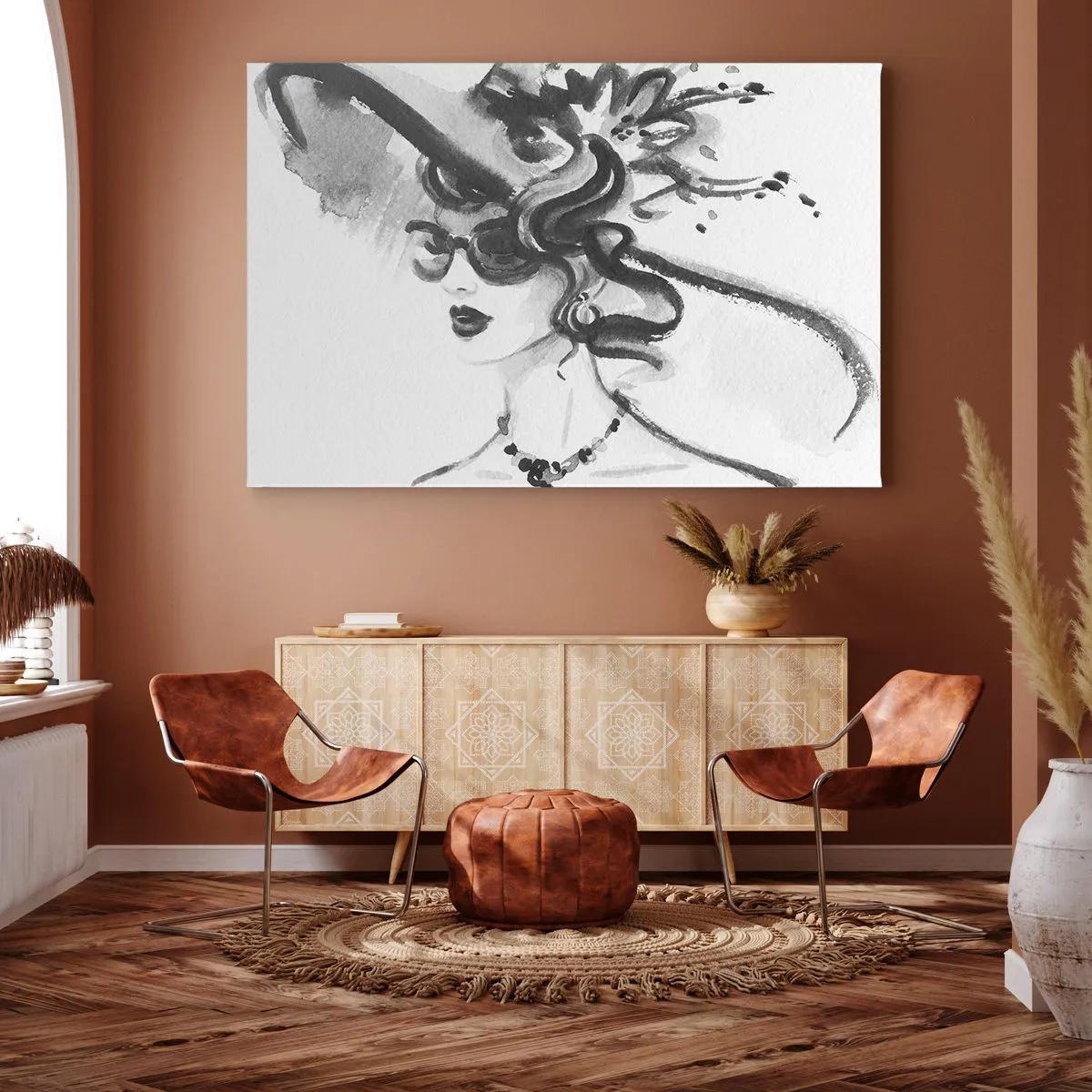 Lærredstryk - Billede på lærred - Elegant kvinde i en hat i sort og hvid stil - 70x50cm - Dame med karakter - Moderne vægdekoration til stue og soveværelse ARTTOR