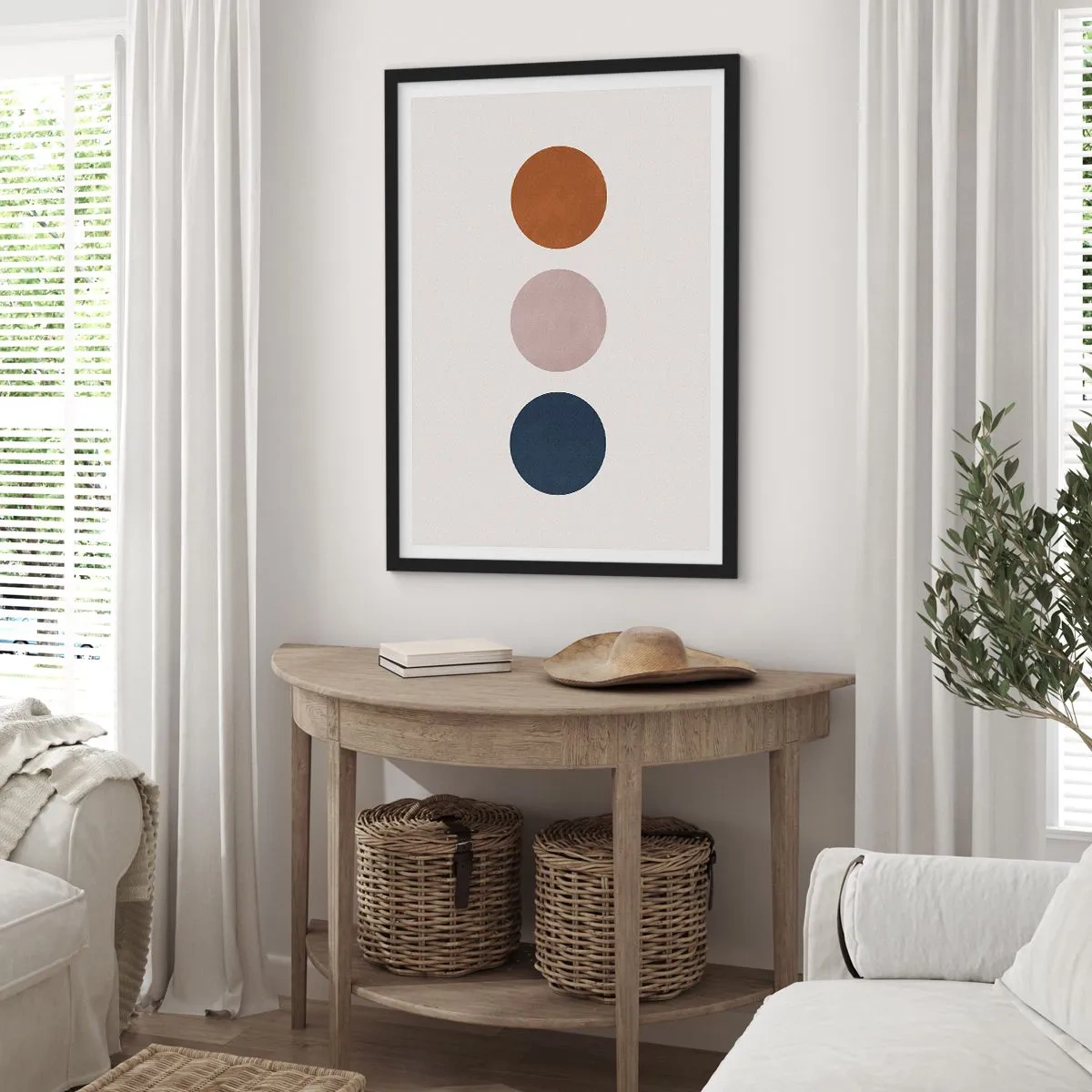 Plakat i sort ramme - Minimalistiske cirkler i varme nuancer på en lys baggrund - 50x70cm - Et symbol på perfektion - Moderne vægdekoration til stue og soveværelse ARTTOR