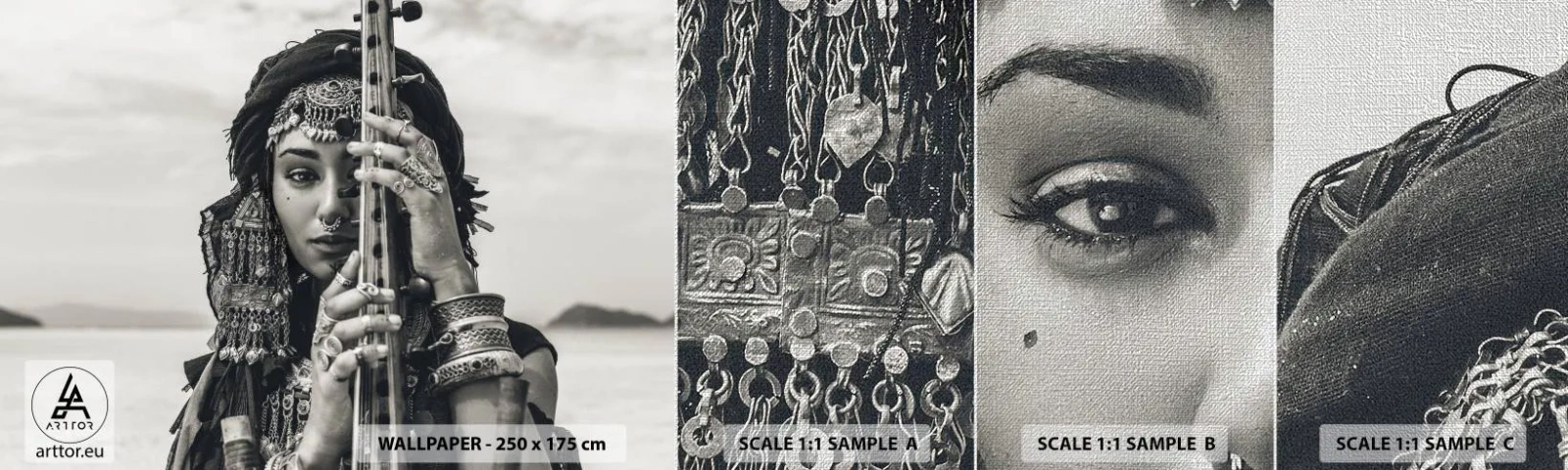 Prøve Fototapet Premium Canvas - Selve den orientalske musik - Kvinde, Boho, Smykker - 100x30 cm