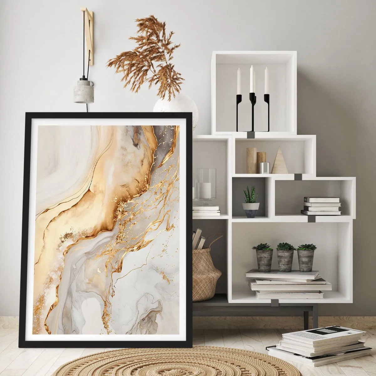 Plakat i sort ramme - Abstrakt guld og hvid marmorkomposition - 50x70cm - Abstraktion: skønhed og godhed - Moderne vægdekoration til stue og soveværelse ARTTOR
