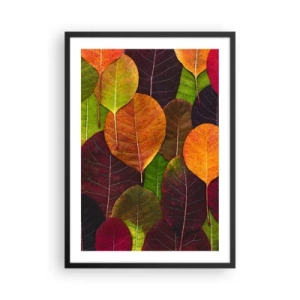 Plakat i sort ramme - Farverige blade i nuancer af grønt, orange og rødt arrangeret i et mosaikmønster - 50x70cm - Efterårsmosaik - Moderne vægdekoration til stue og soveværelse ARTTOR