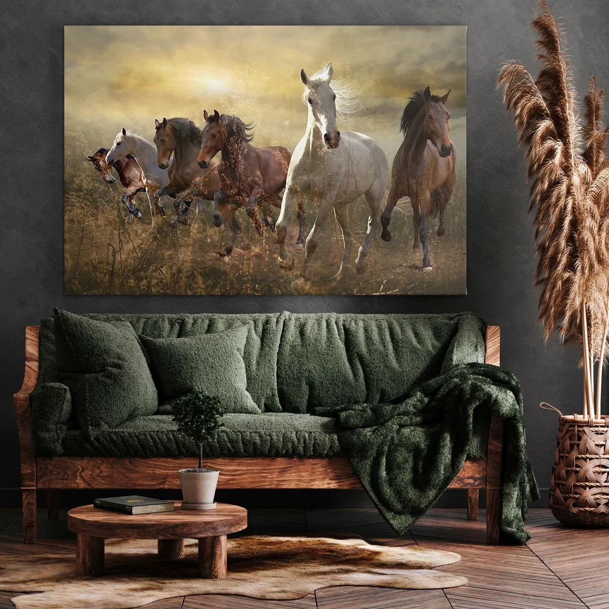 Lærredstryk - Billede på lærred - En gruppe galoperende heste mod baggrunden af den nedgående sol - 70x50cm - Længe leve friheden! - Moderne vægdekoration til stue og soveværelse ARTTOR