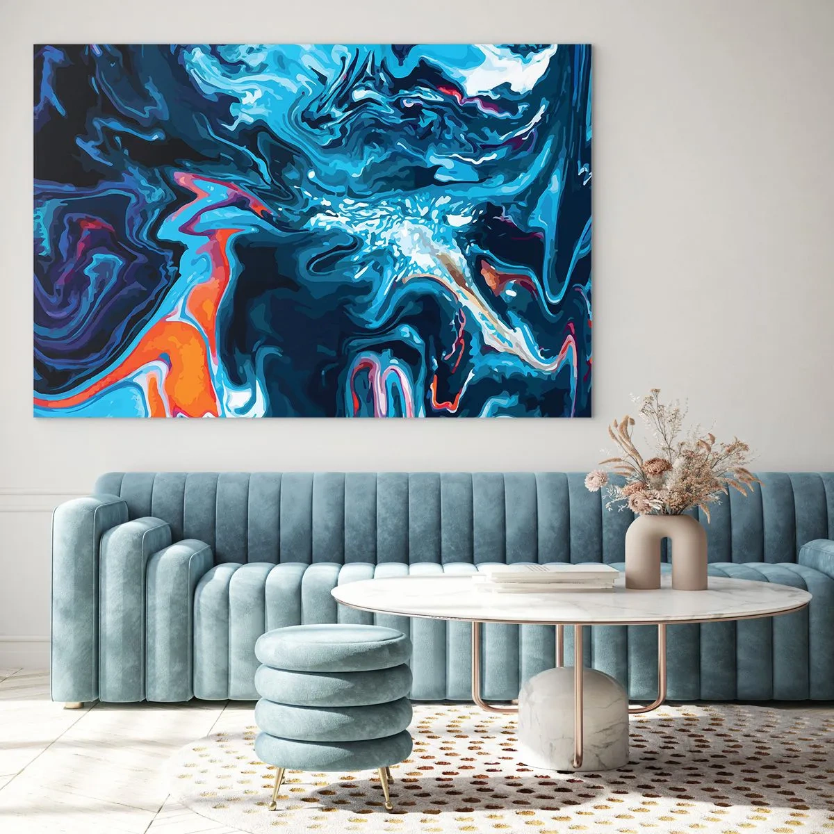 Billede på glas - Et abstrakt mønster i blå nuancer med accenter af rødt og hvidt. - 70x50cm - En rejse ind i himlen - Moderne vægdekoration til stue og soveværelse ARTTOR