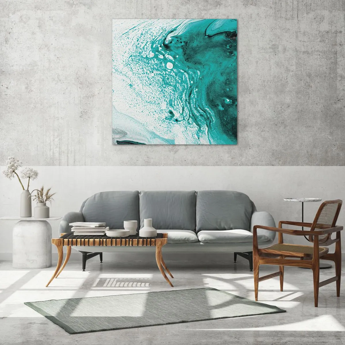 Billede på glas - Opløses i hvidt og turkis - 40x40 cm