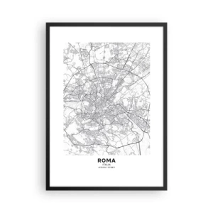 Plakat i sort ramme - Sort-hvidt kort over Rom med detaljerede gader og monumenter - 50x70cm - Romersk cirkel - Moderne vægdekoration til stue og soveværelse ARTTOR