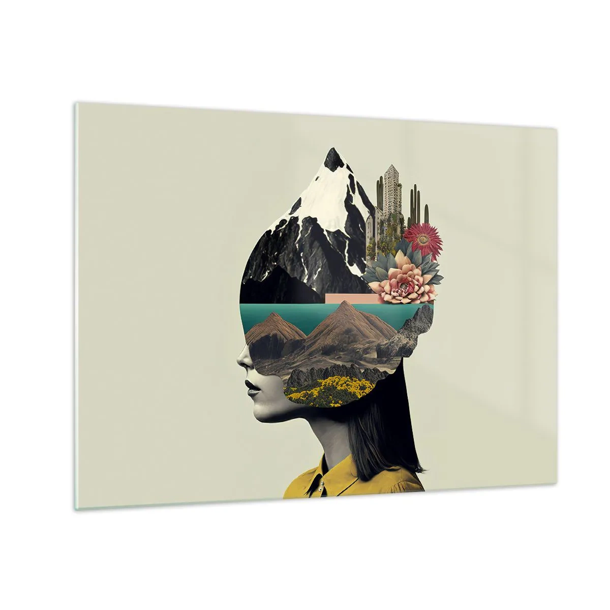 Billede på glas - Silhuet af en kvinde med et bjerglandskab og flora i hovedet - 70x50cm - Kvinden - altid et mysterium - Moderne vægdekoration til stue og soveværelse ARTTOR