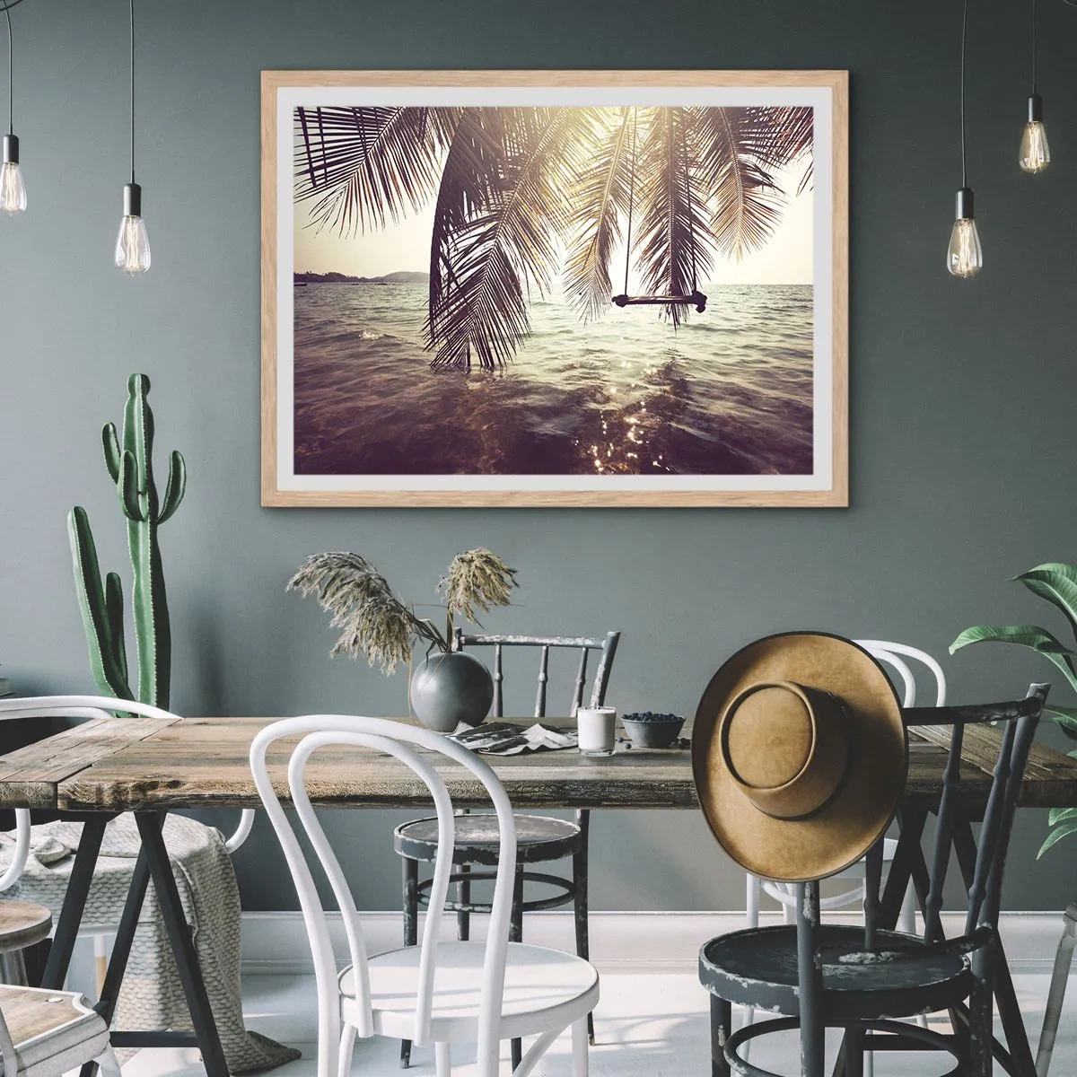 Plakat i ramme af lyst egetræ - Du kan svæve i skyerne efter behag - 100x70 cm