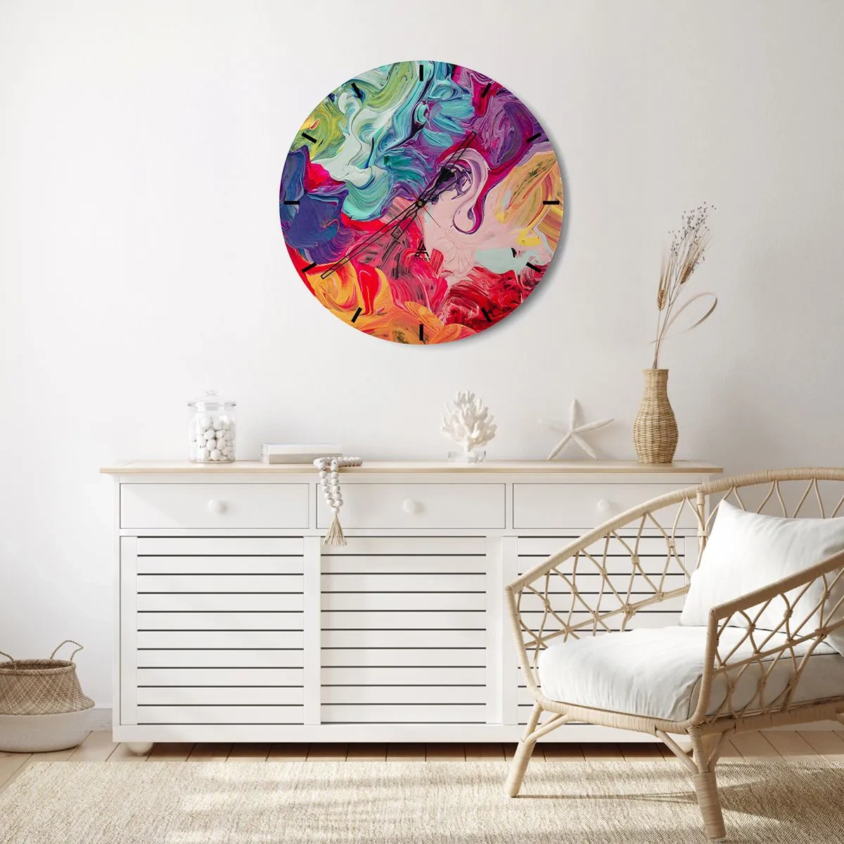 Vægur, Uret - En abstrakt blanding af farver i intense nuancer - 30x30cm - Farvernes fødsel - Moderne vægdekoration til stue, køkken og soveværelse ARTTOR