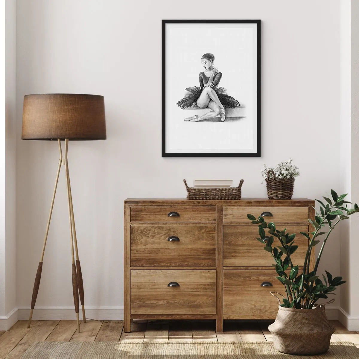 Plakat i sort ramme - Skitse af en ballerina, der sidder i ro - 50x70cm - Fortryllet af dans - Moderne vægdekoration til stue og soveværelse ARTTOR
