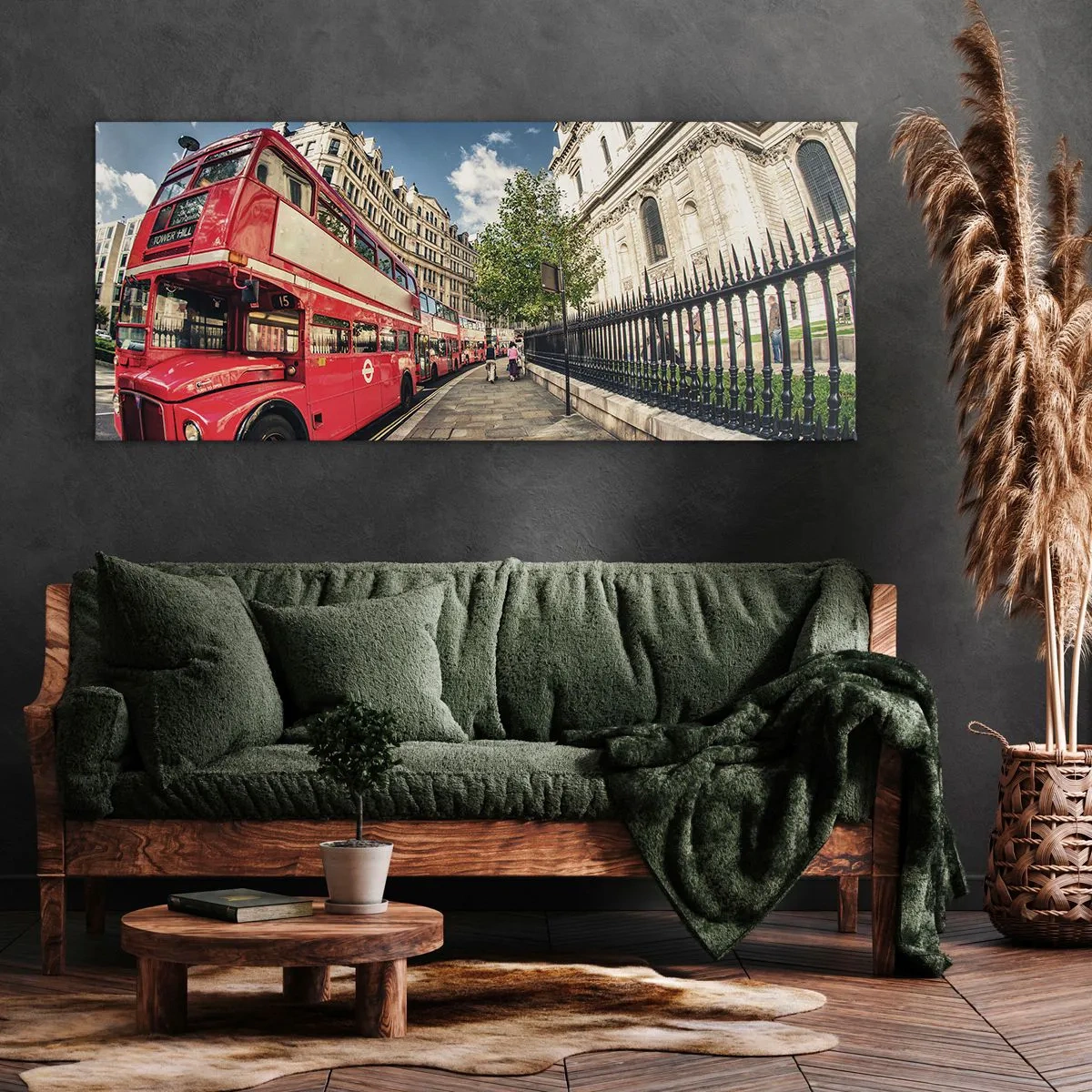 Lærredstryk - Billede på lærred - Gade i London i grå og rødt - 160x50 cm