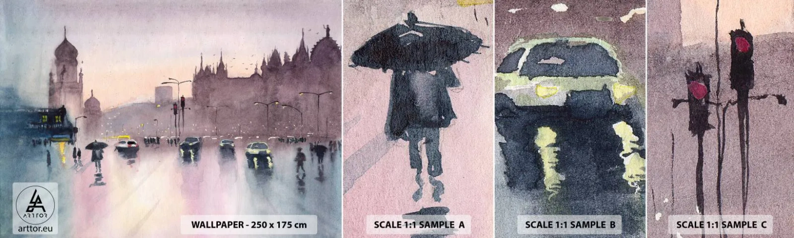 Prøve Fototapet Selvklæbende Deluxe Sticker - I en regnfuld tåge - By, Arkitektur, Monumenter - 100x30 cm