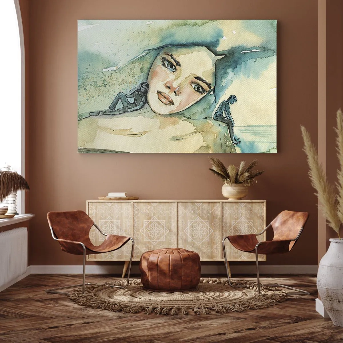 Lærredstryk - Billede på lærred - Akvarel af et kvindeansigt med et reflekterende motiv - 70x50cm - Am I blue? - Moderne vægdekoration til stue og soveværelse ARTTOR