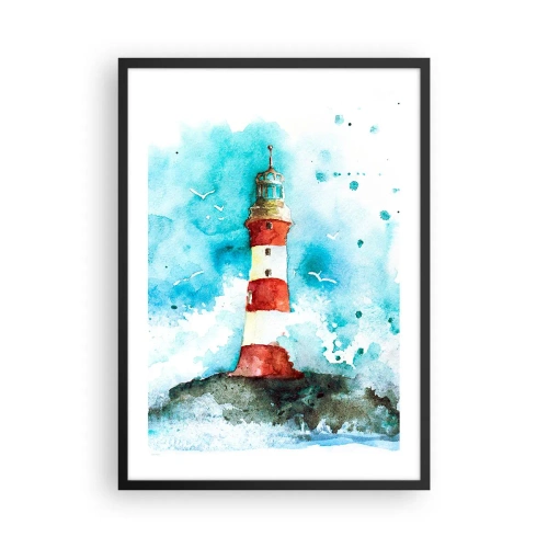 Plakat i sort ramme - Akvarel fyrtårn med havbølger - 50x70cm - Elementernes enhed - Moderne vægdekoration til stue og soveværelse ARTTOR