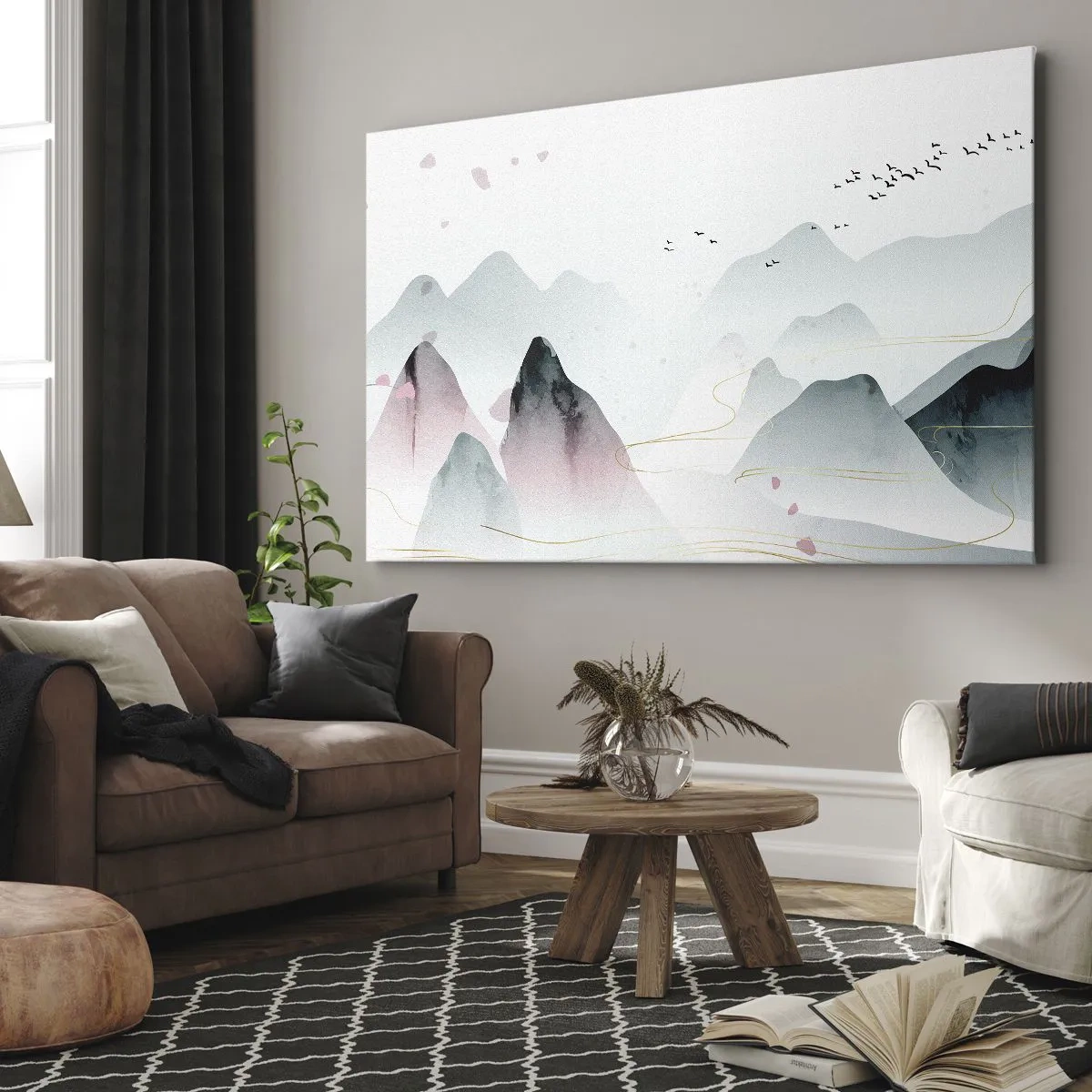 Lærredstryk - Billede på lærred - Abstrakte bjerge i pastelfarver - 70x50cm - Over toppene - Moderne vægdekoration til stue og soveværelse ARTTOR