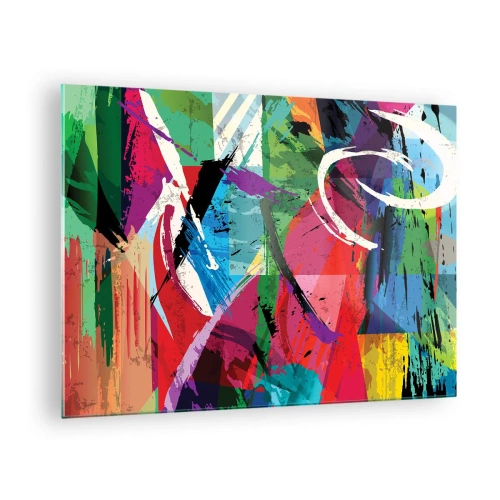 Billede på glas - Farverig abstraktion med dynamiske former og teksturer - 70x50cm - Hurtig, livlig og hoppende - Moderne vægdekoration til stue og soveværelse ARTTOR