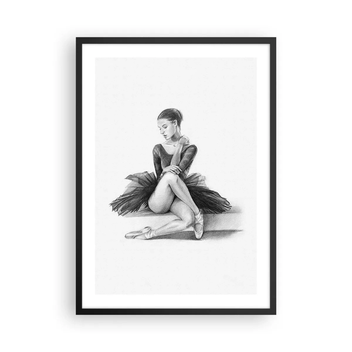 Plakat i sort ramme - Skitse af en ballerina, der sidder i ro - 50x70cm - Fortryllet af dans - Moderne vægdekoration til stue og soveværelse ARTTOR