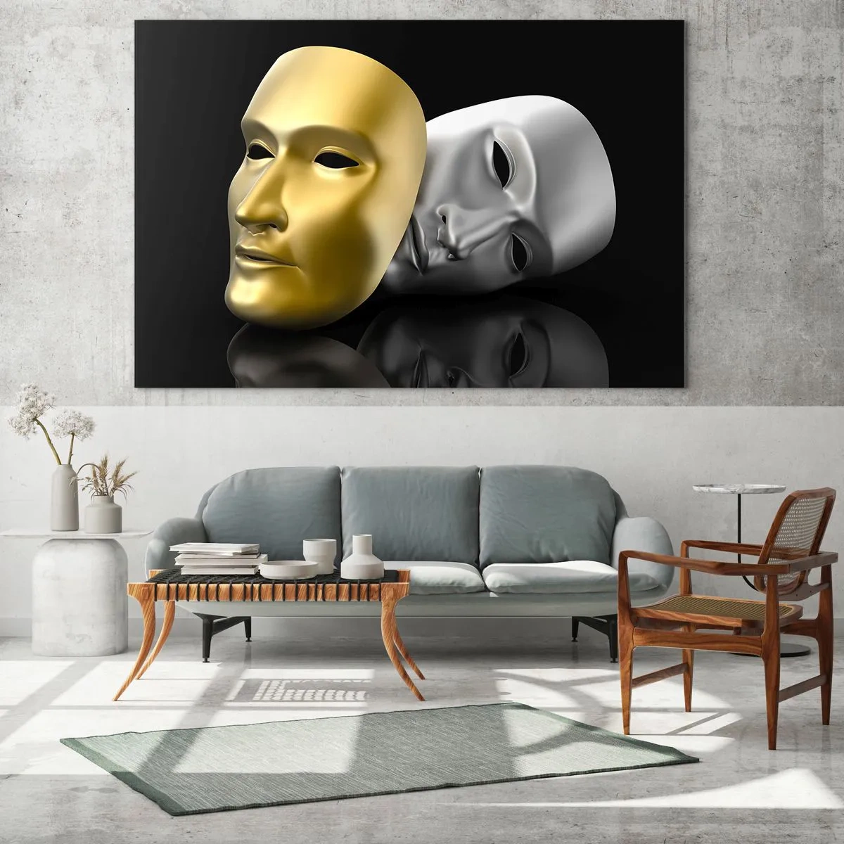 Billede på glas - Guld- og sølvmaske på sort baggrund - 70x50cm - Livet er teater - Moderne vægdekoration til stue og soveværelse ARTTOR