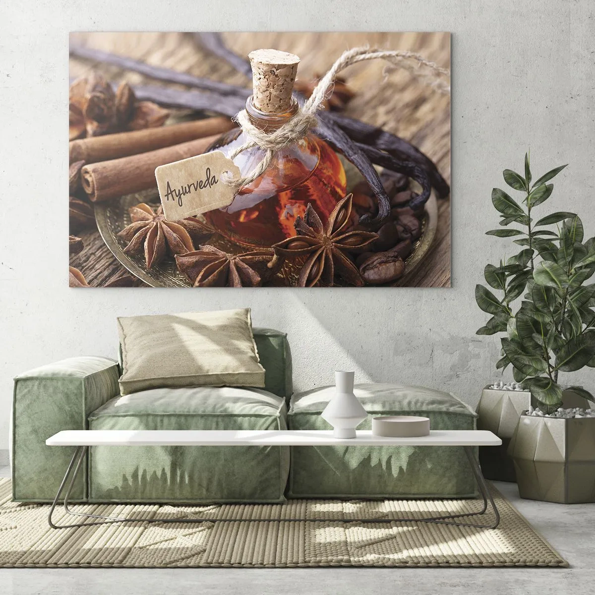 Billede på glas - Ayurvedisk olie- og krydderiflaske - 70x50cm - På vej mod enhed af krop og ånd - Moderne vægdekoration til stue og soveværelse ARTTOR