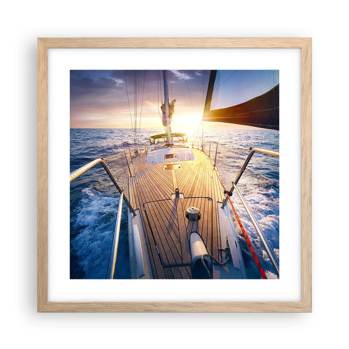 Plakat i ramme af lyst egetræ - Løber på bølgerne - 40x40 cm