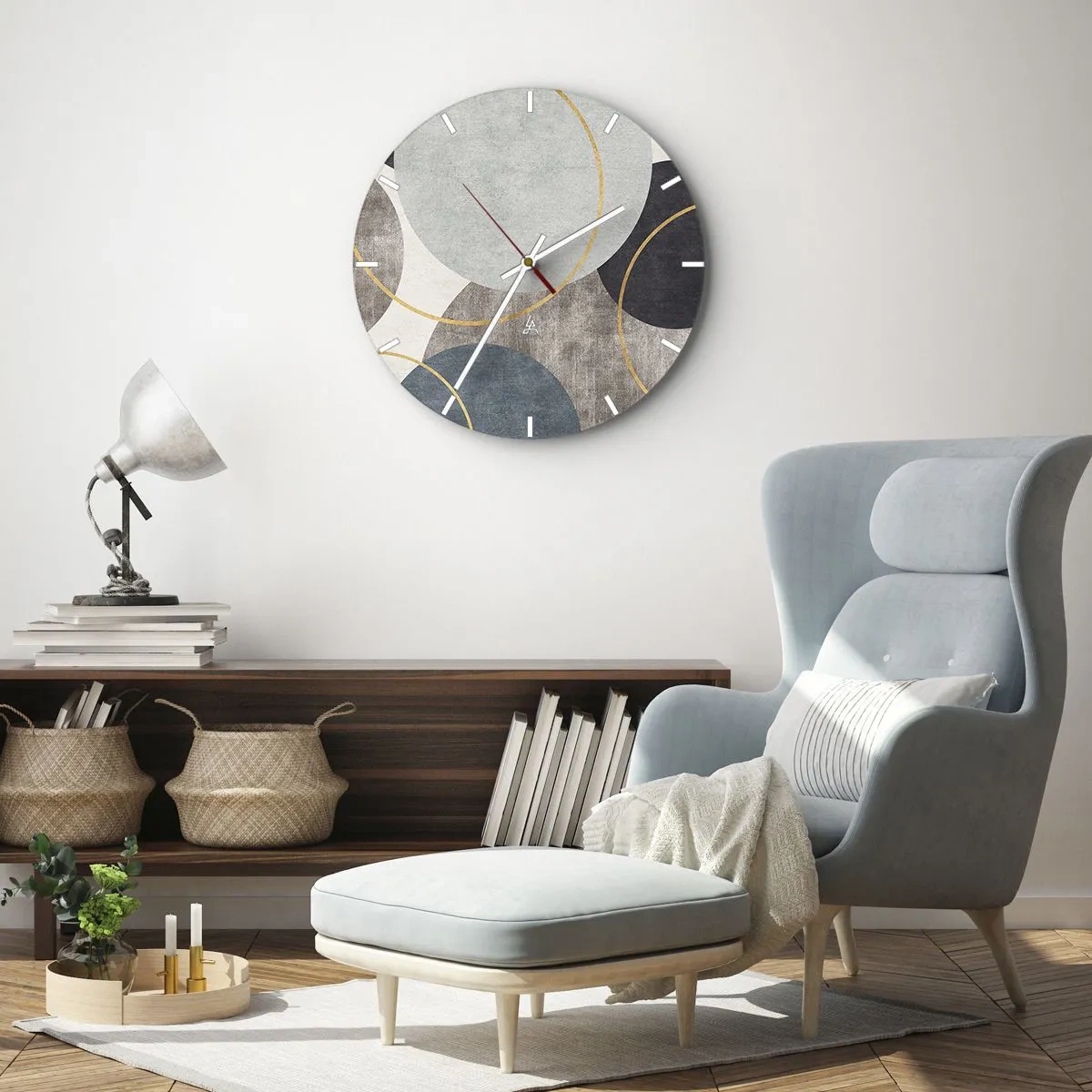 Vægur, Uret - En stilfuld komposition af cirkler og buer i afdæmpede farver. - 30x30cm - Hjul efter hjul - Moderne vægdekoration til stue, køkken og soveværelse ARTTOR