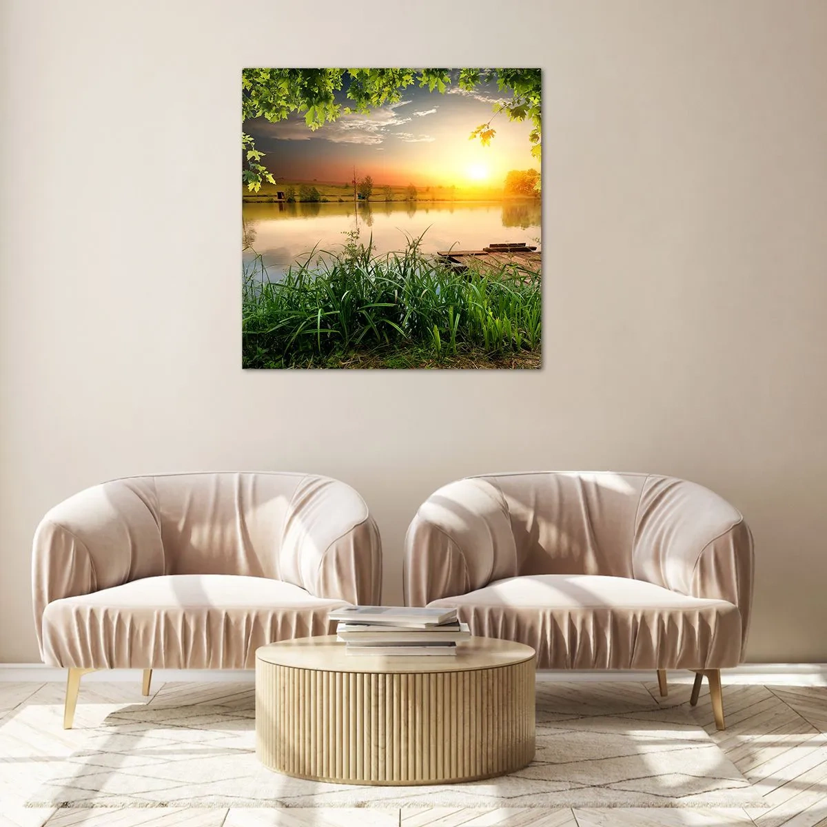 Billede på glas - Landskab i en grøn ramme - 40x40 cm