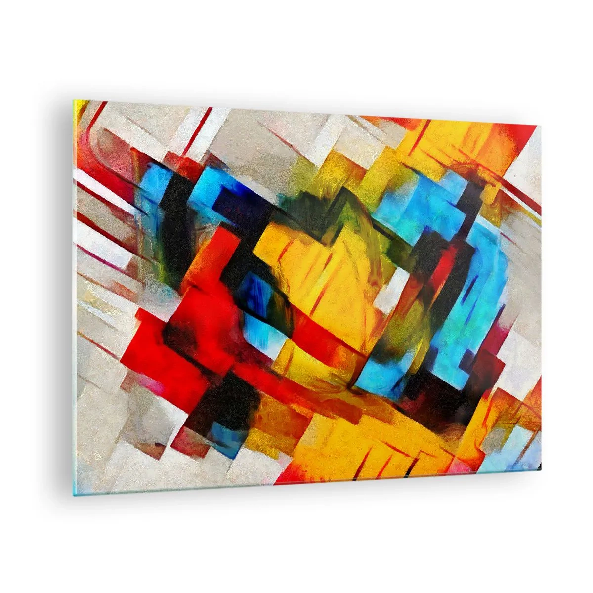 Billede på glas - Abstrakt komposition af geometriske former - 70x50cm - Flerfarvet lagdeling - Moderne vægdekoration til stue og soveværelse ARTTOR