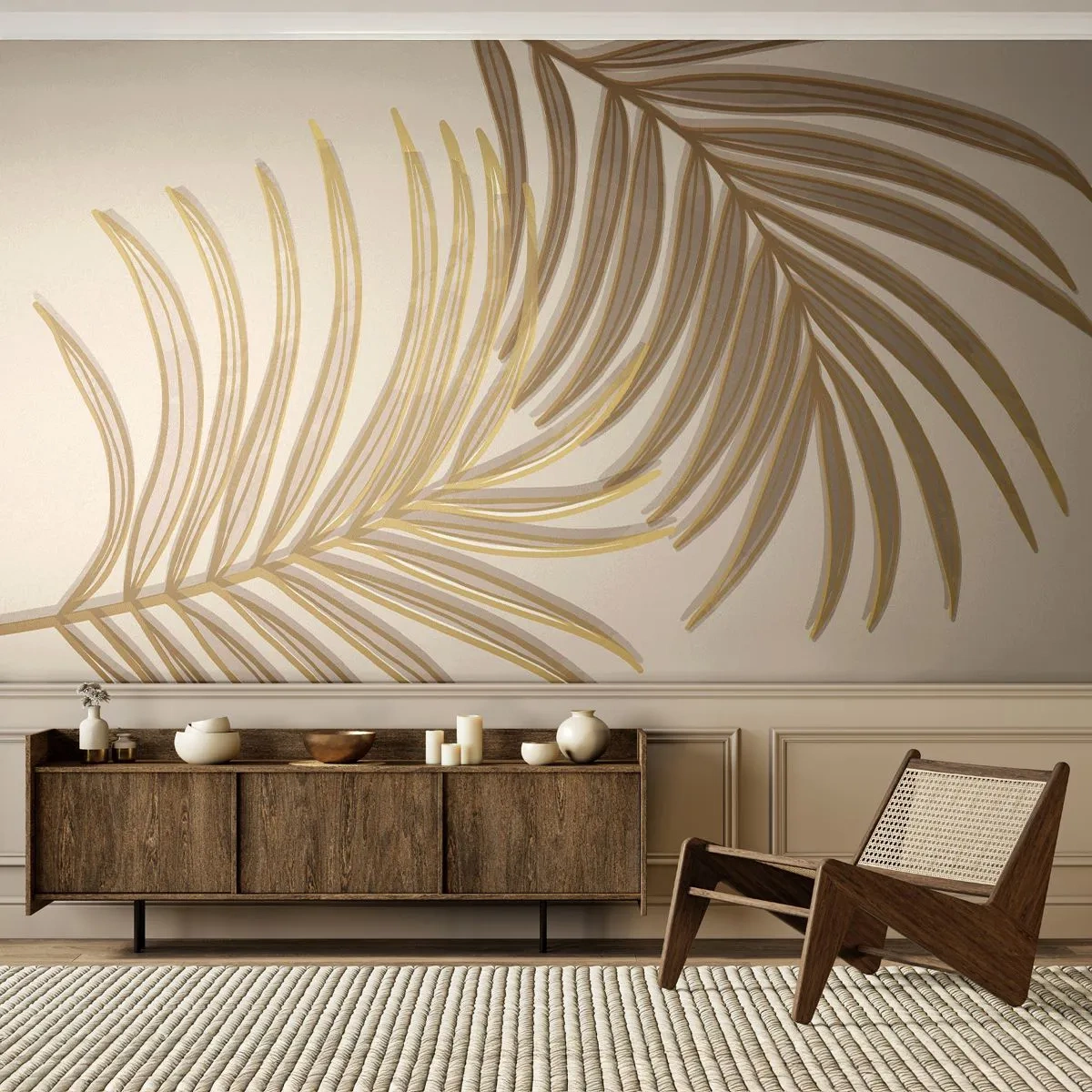 Fototapet Premium Sand - Gylden palme! - Abstraktion, Palmeblad, Grafik - 100x70 cm