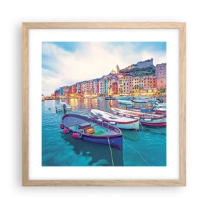 Plakat i ramme af lyst egetræ - En farverig aften i havnen - 40x40 cm