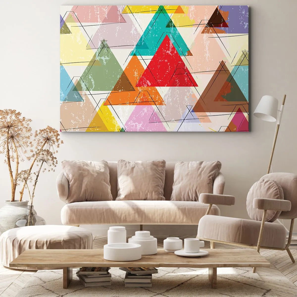 Lærredstryk - Billede på lærred - Farverig abstraktion med geometriske trekanter - 70x50cm - Tre og tre - Moderne vægdekoration til stue og soveværelse ARTTOR