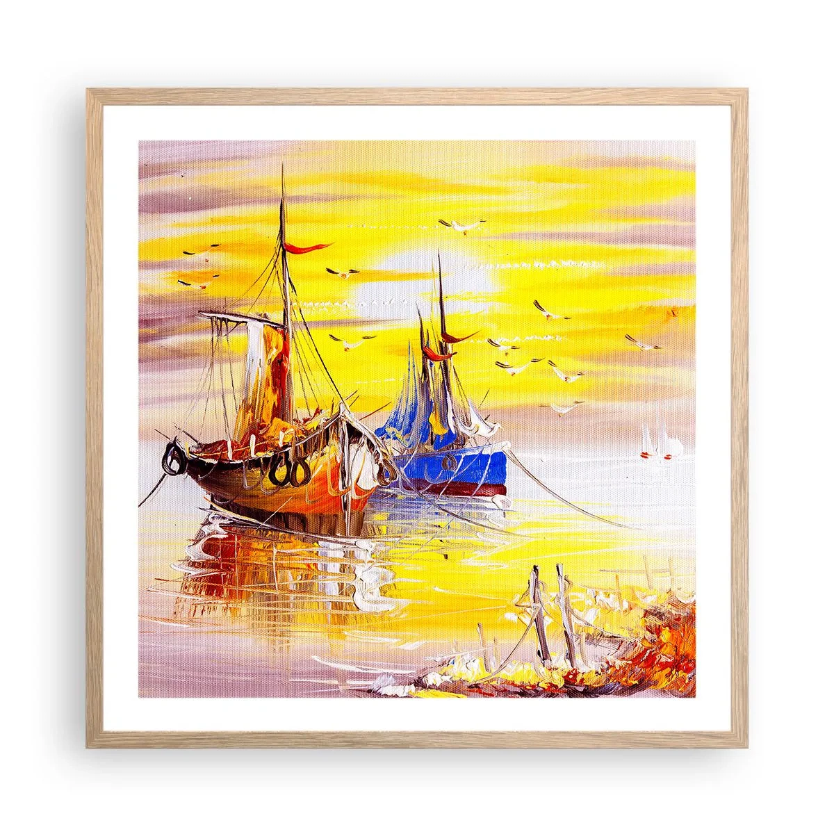 Plakat i ramme af lyst egetræ - Et velfortjent hvil i havnen - 60x60 cm