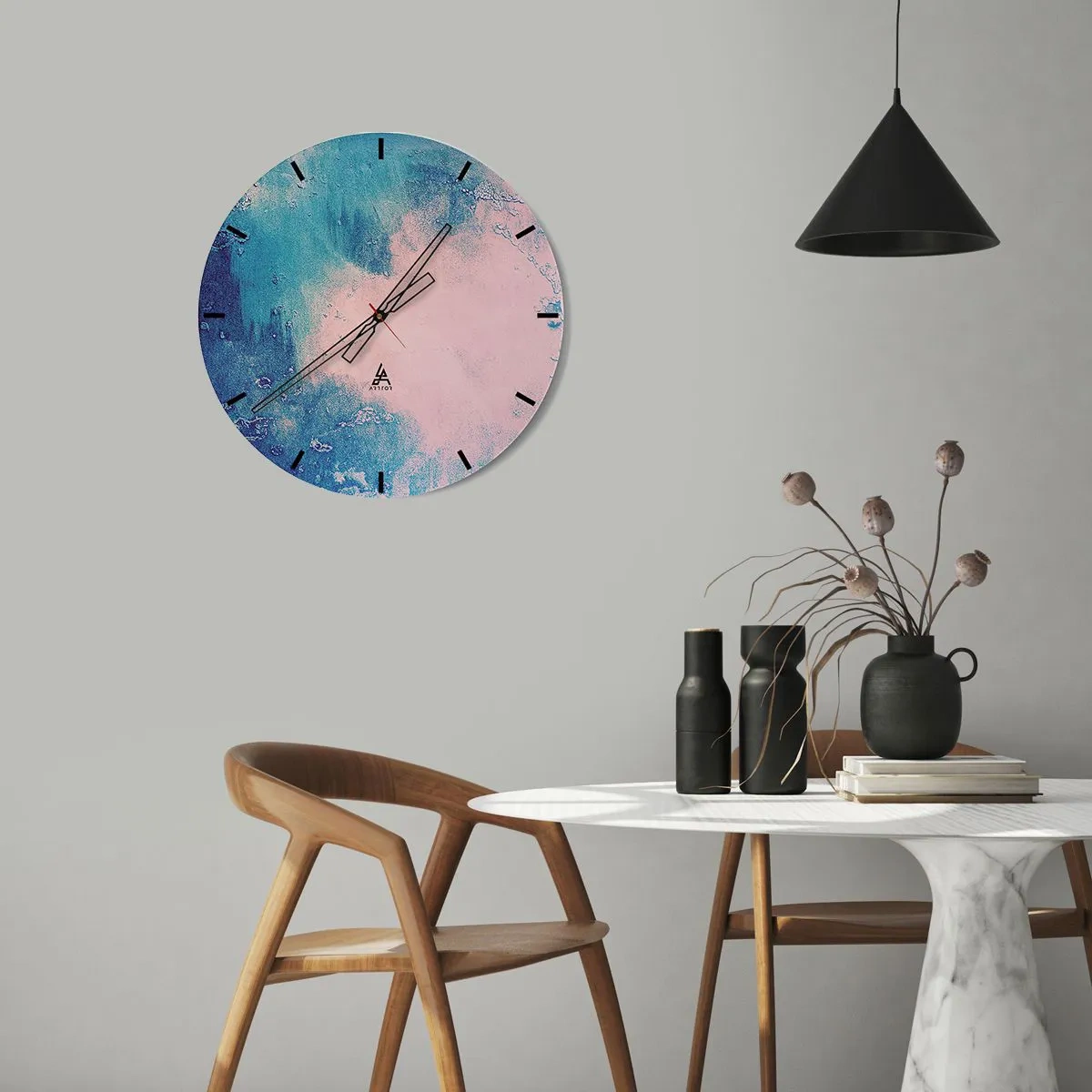 Vægur, Uret - Abstrakt komposition i nuancer af blå og lyserød - 30x30cm - Blå omfavnelse - Moderne vægdekoration til stue, køkken og soveværelse ARTTOR
