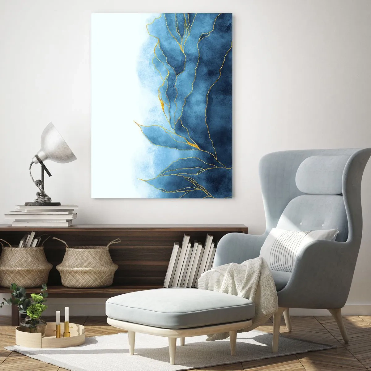 Billede på glas - Blå i guld - 50x70 cm