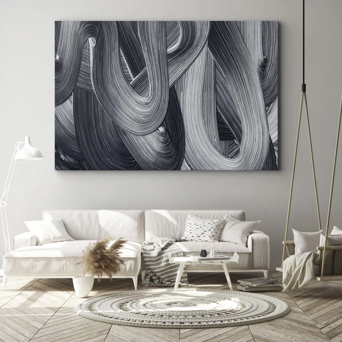 Lærredstryk - Billede på lærred - Sort-hvid abstraktion med dynamiske penselstrøg. - 70x50cm - Virkelighedens flygtighed - Moderne vægdekoration til stue og soveværelse ARTTOR