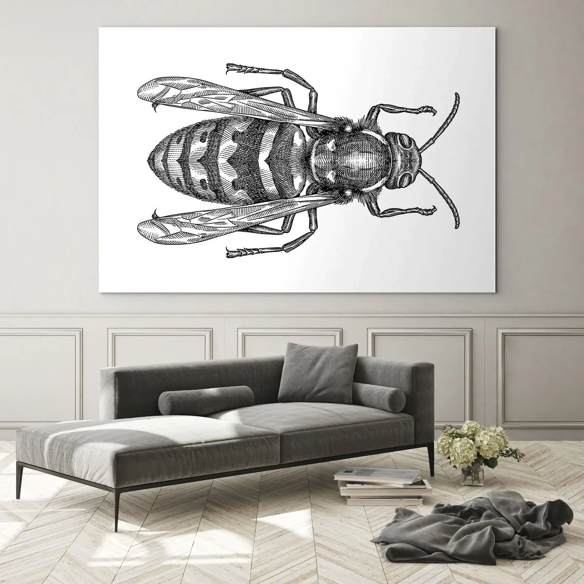 Billede på glas - Sort-hvid retro illustration af en hveps på en hvid baggrund - 70x50cm - Fra en insektplanet - Moderne vægdekoration til stue og soveværelse ARTTOR