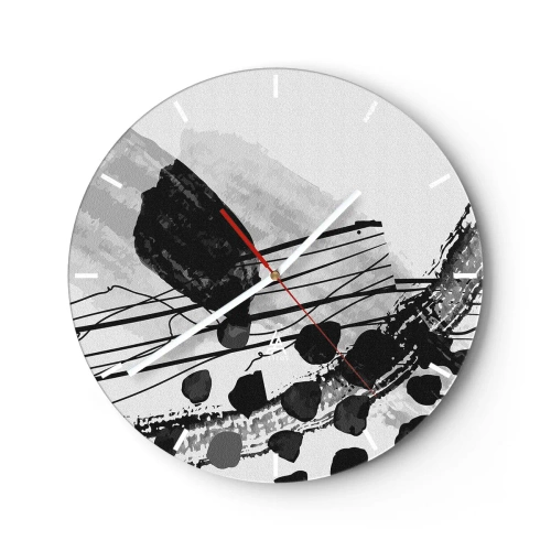 Vægur, Uret - Sort-hvide abstrakte former og linjer på en lys baggrund - 30x30cm - Sort og hvid organisk abstraktion - Moderne vægdekoration til stue, køkken og soveværelse ARTTOR