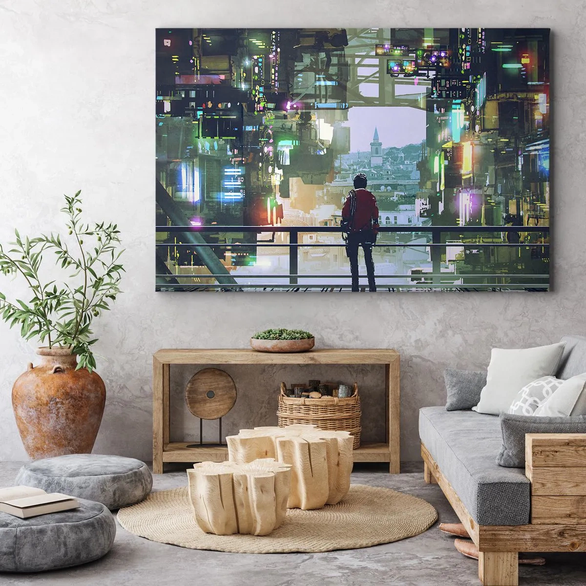 Lærredstryk - Billede på lærred - En figur i en futuristisk by med neonlys - 70x50cm - To verdener - Moderne vægdekoration til stue og soveværelse ARTTOR