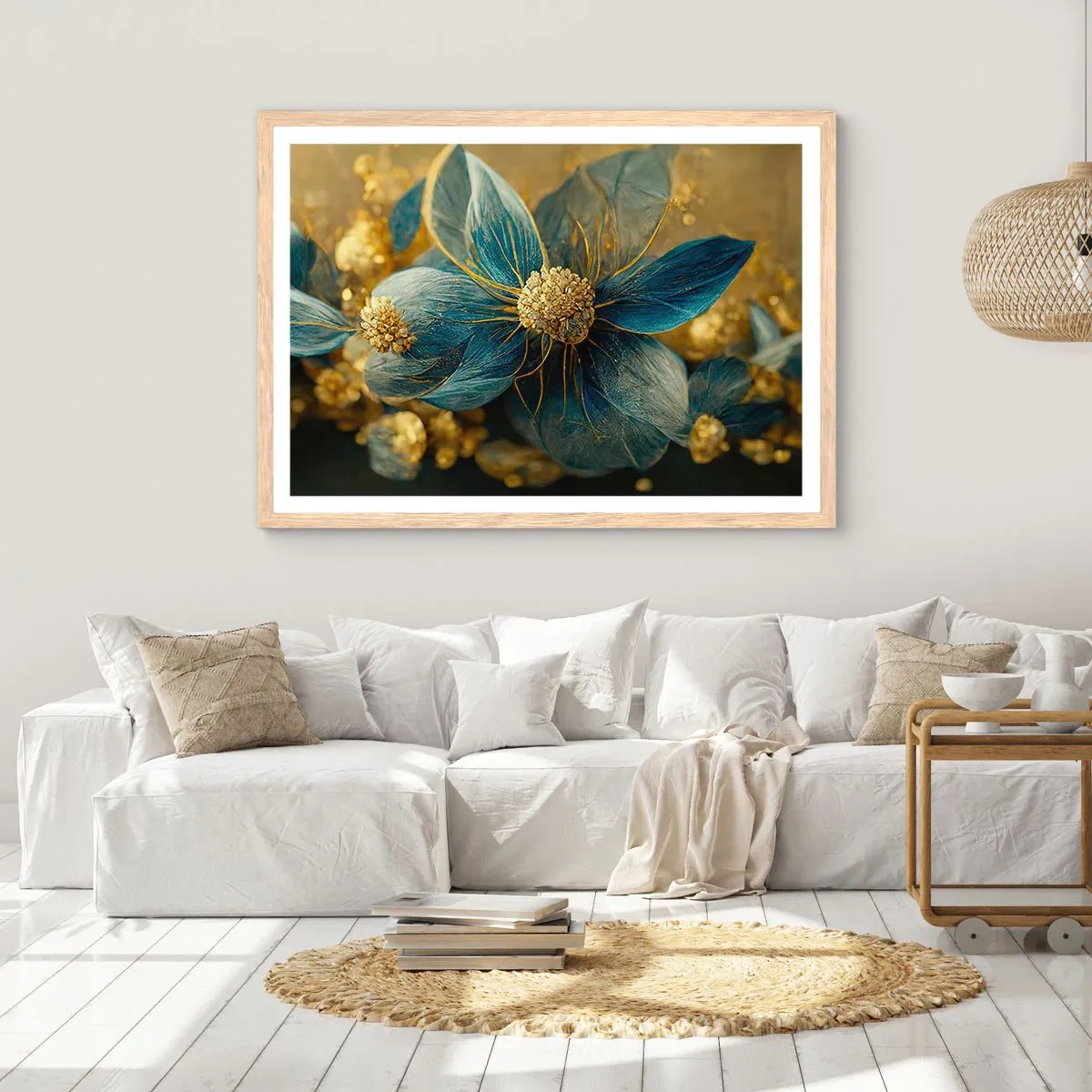 Plakat i ramme af lyst egetræ - Blomstre med guld - 50x40 cm